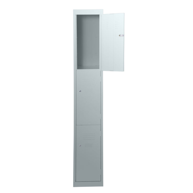 silver grey 3 door steel lockers open