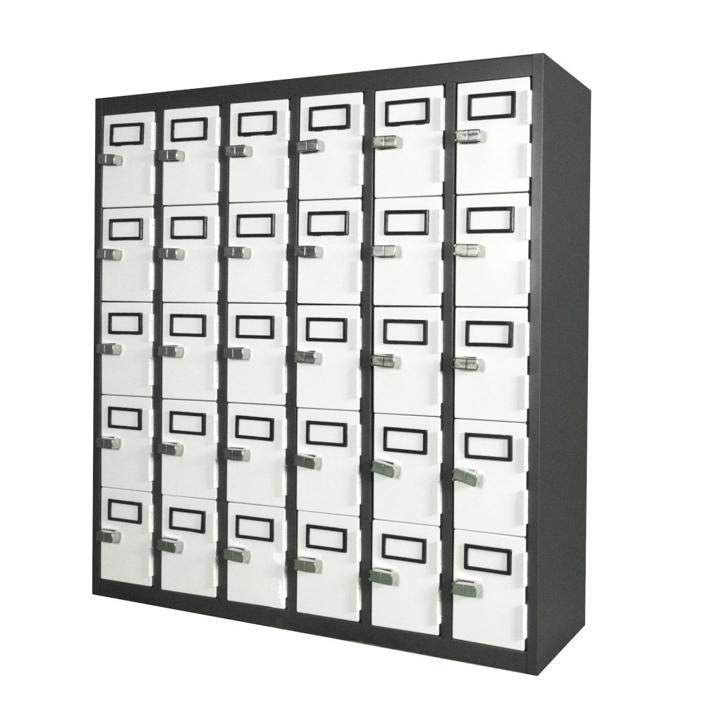 grey and white 30 door steel mobile phone lockers closed