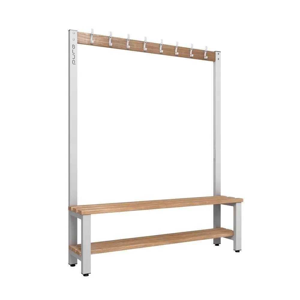 silver grey frame with timber slat benches with coat hook rail