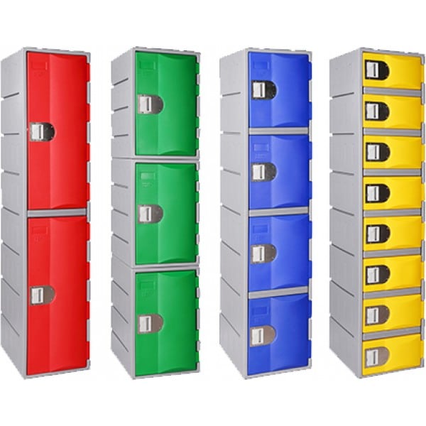 red, green, blue and yellow heavy duty plastic lockers