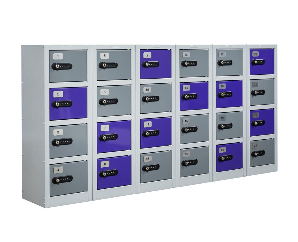silver and purple 24 door mini steel lockers closed