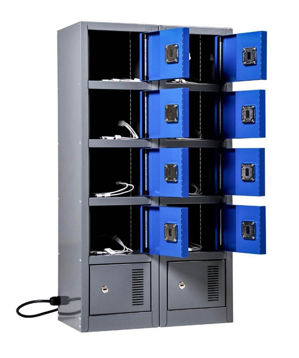 grey and blue 8 door mobile phone charging steel lockers open