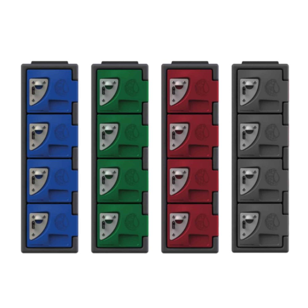blue, green, red and grey 4 door plastic mobile phone lockers