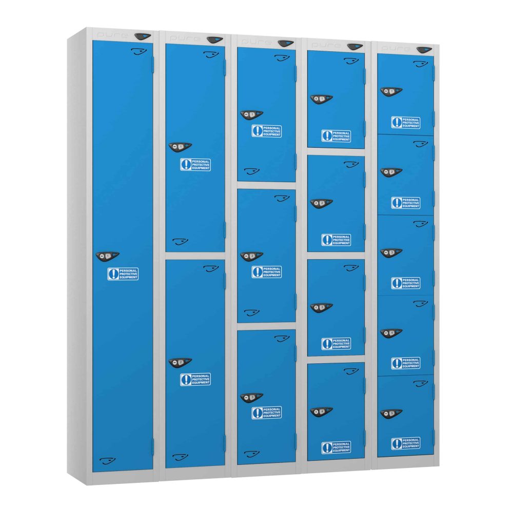 1,2,3,4 and 5 door silver and blue ppe steel lockers closed